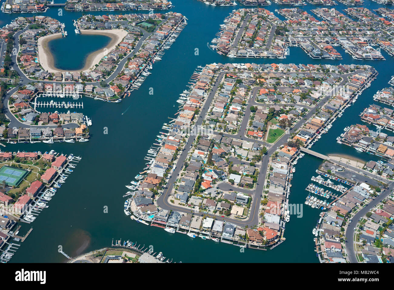 AERIAL VIEW. City of Sunset Beach with its channels. Huntington Beach, Orange County, California, USA. Stock Photo