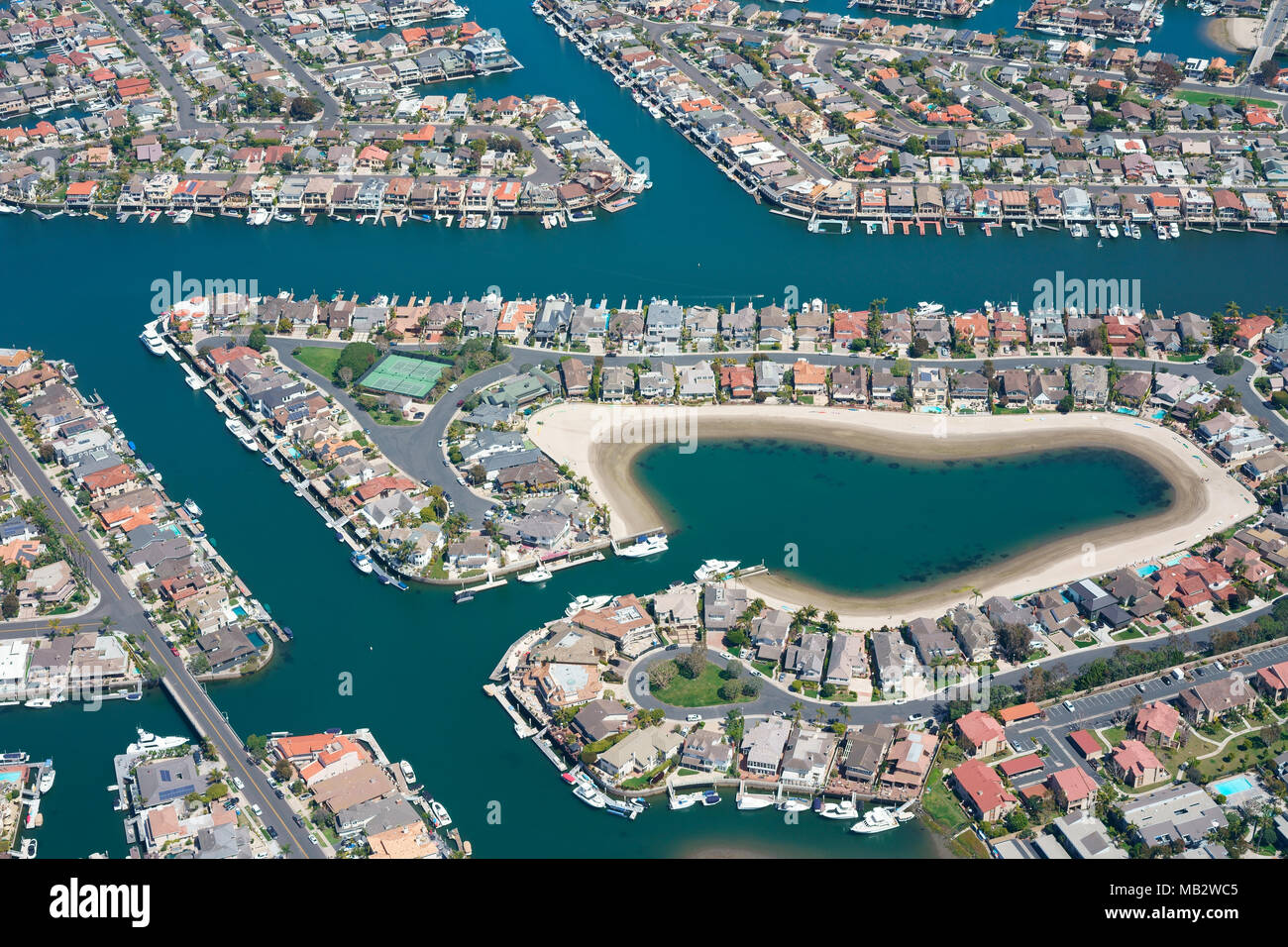 AERIAL VIEW. City of Sunset Beach with its channels. Huntington Beach, Orange County, California, USA. Stock Photo
