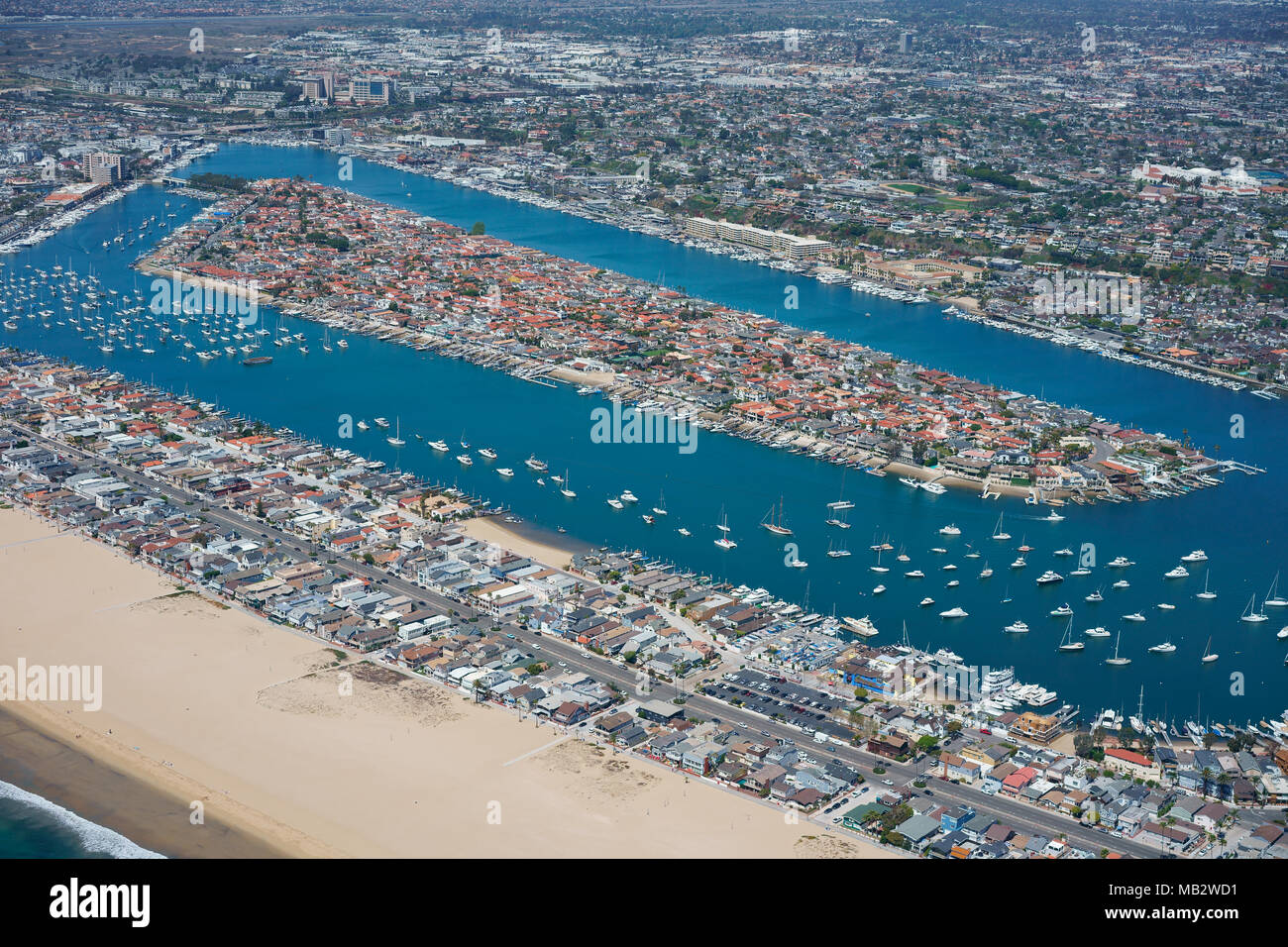AERIAL VIEW. Lido Isle. Newport Beach, Orange County, California, USA. Stock Photo