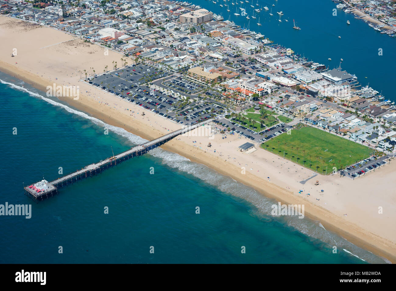 AERIAL VIEW. Newport Pier. Balboa Peninsula, Newport Beach, Orange County, California, USA. Stock Photo