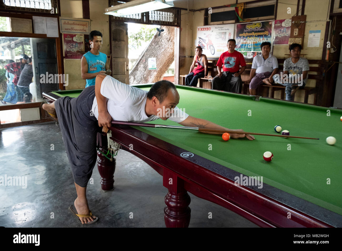 Men at a snooker hall in Loikaw, Kayah State, Myanmar Stock Photo