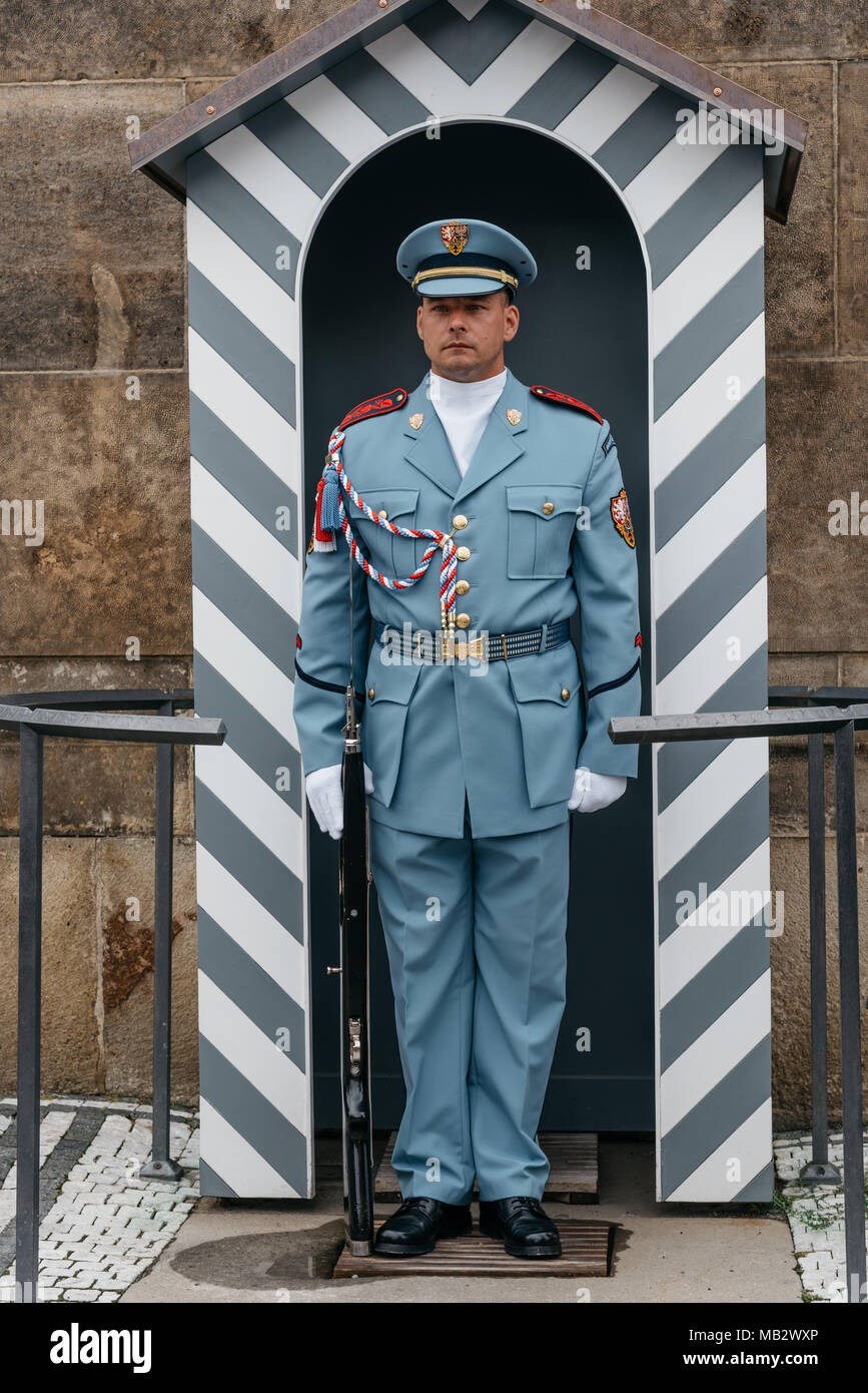 Prague, Czech Republic - August 19, 2017: Soldier standing  in the guard in the Castle of Prague Stock Photo