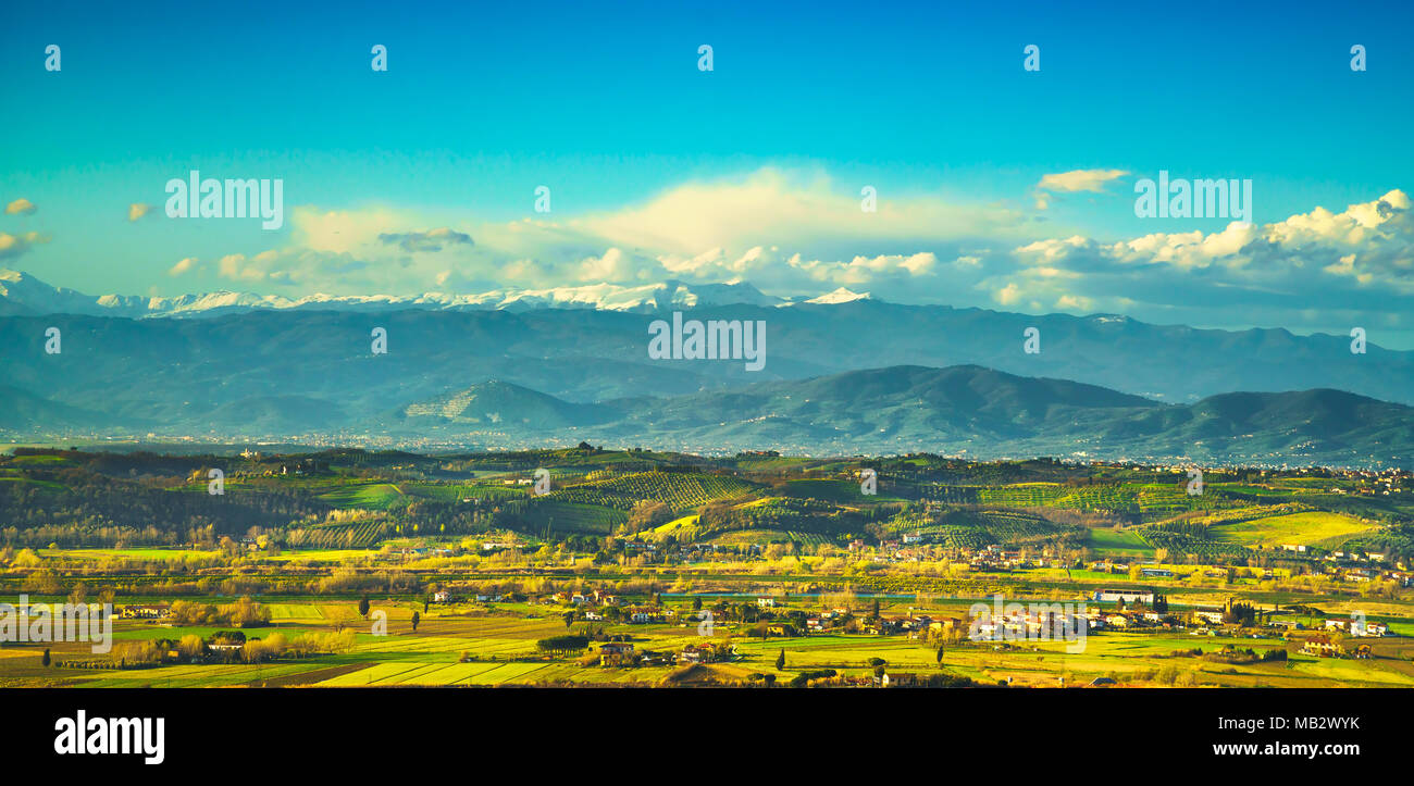 Panoramic view of Valdarno and Apennine Mountains also known as Apennines from San Miniato. Pisa, Tuscany Italy Europe. Stock Photo