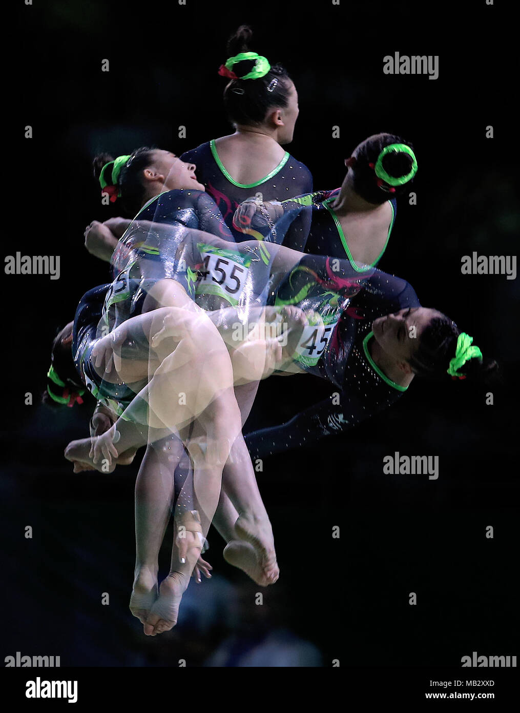 *Multiple Exposure* Wales' Emily Thomas on the Uneven Bars during the Women's Team Final and Individual Qualification at the Coomera Indoor Sports Centre during day two of the 2018 Commonwealth Games in the Gold Coast, Australia. PRESS ASSOCIATION Photo. Picture date: Friday April 6, 2018. See PA story COMMONWEALTH Gymnastics. Photo credit should read: Danny Lawson/PA Wire. RESTRICTIONS: Editorial use only. No commercial use. No video emulation. Stock Photo