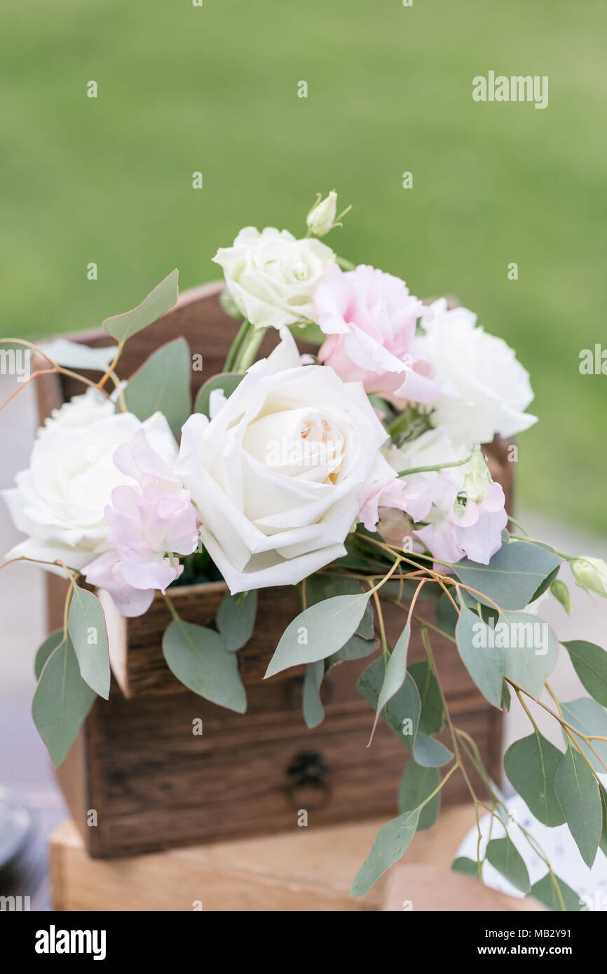 Wooden Vintage Dresser With Flower Decoration In Garden Outdoor