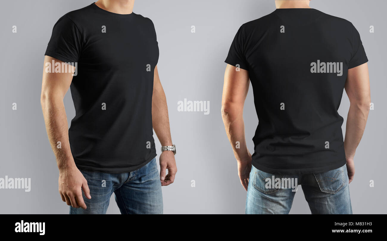 Black Mockup for the design of clothes t-shirt. Young man, front view ...