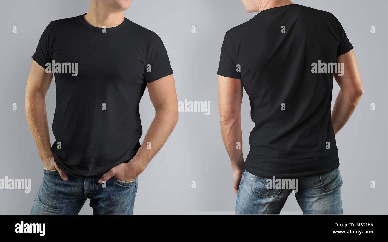 Download Mockup black t-shirt on muscular guy on gray background ...