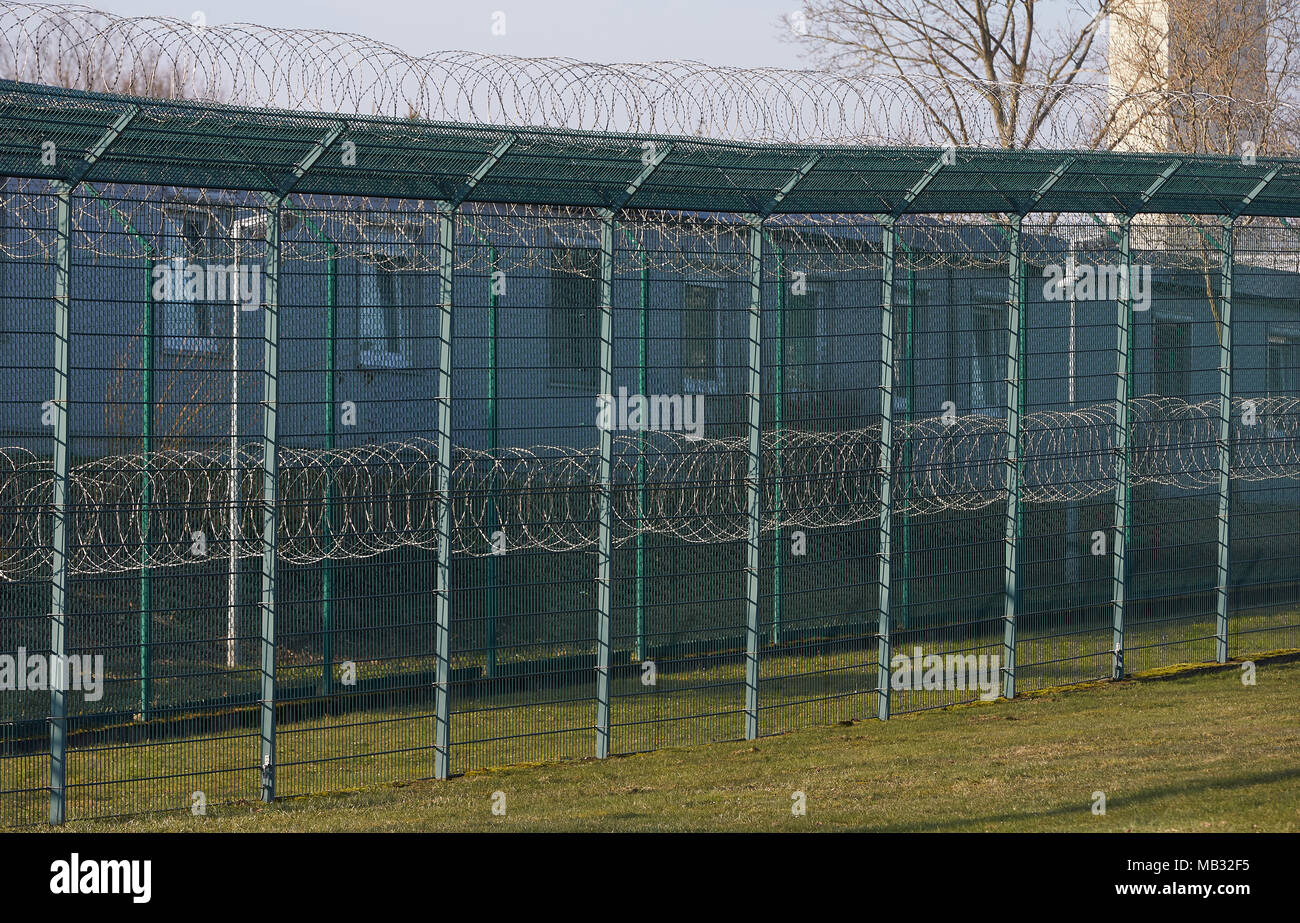 Barbed wire secured building, Nette-Gut Clinic for Forensic Psychiatry at the Rhein-Mosel-Fachklinik Andernach Stock Photo