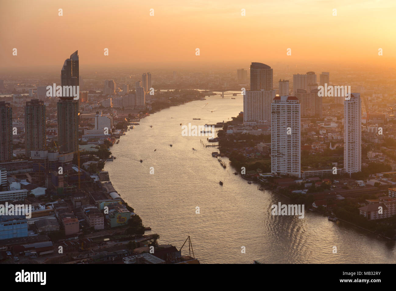 View from Lebua State Tower with river Mae Nam Chao Phraya at dusk, Bang Rak District, Bangkok, Thailand Stock Photo