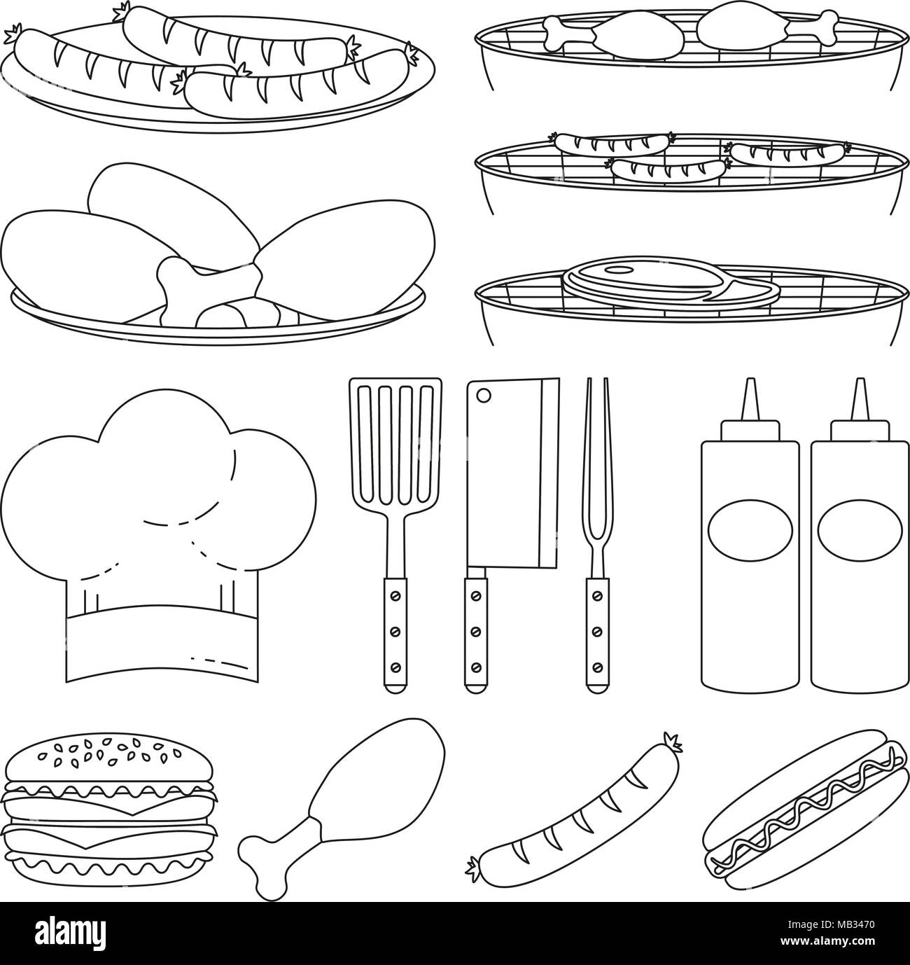 Line art black white bbq cooking 15 element set. Food themed vector illustration for gift card certificate sticker, badge, sign, stamp, logo, label, i Stock Vector