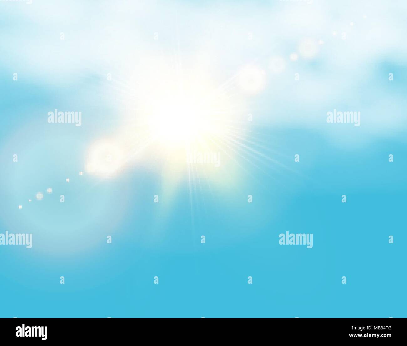 Realistic shining sun with lens flare. Blue sky with clouds background. Vector illustration Stock Vector