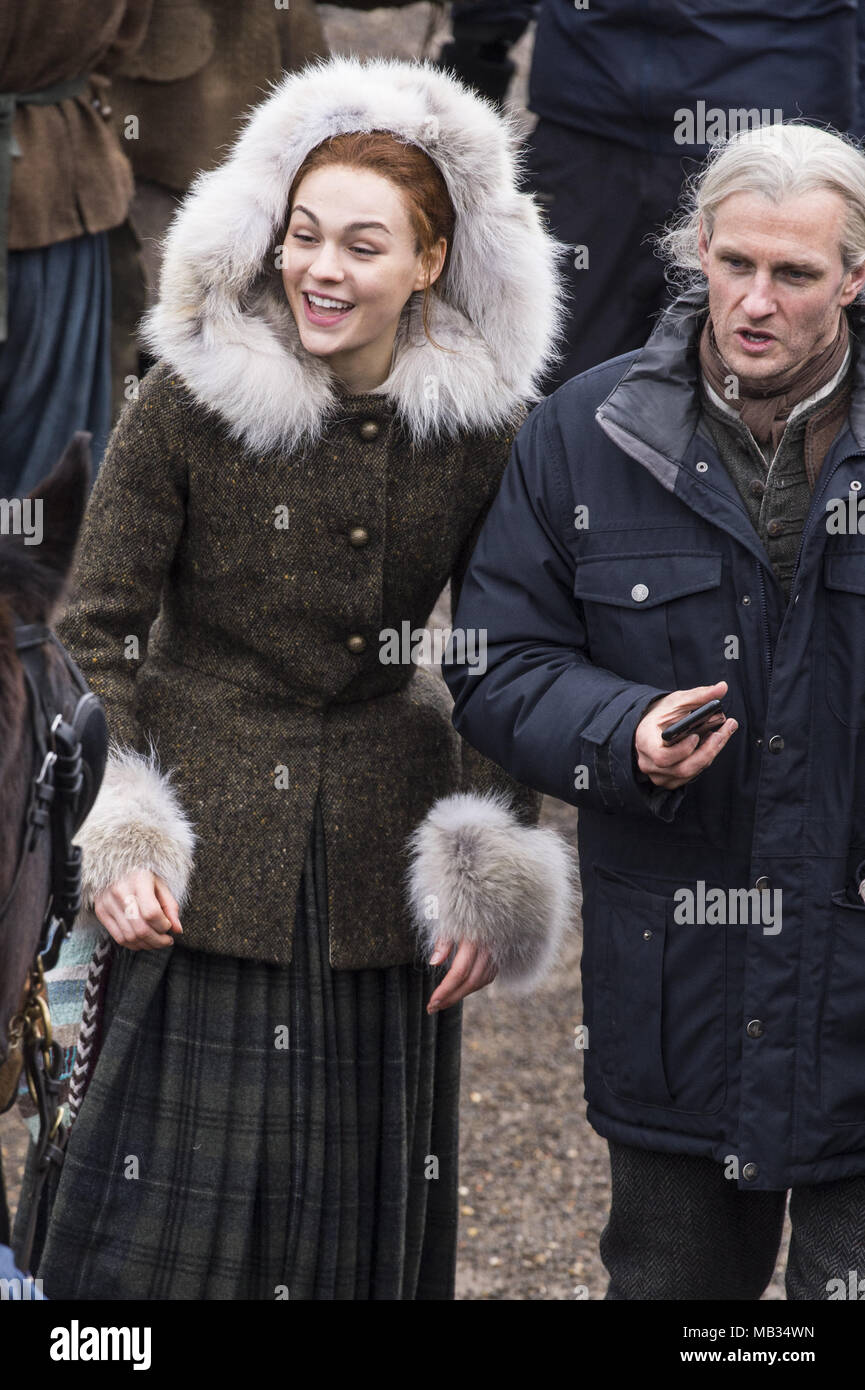 Outlander film crew and actors are spotted filming at a harbour in