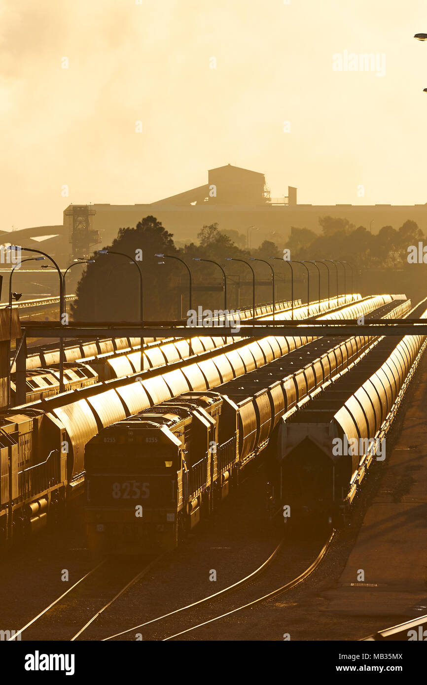 coal trains parked in newcastle awaiting unloading and shipment of the coal around the world Stock Photo