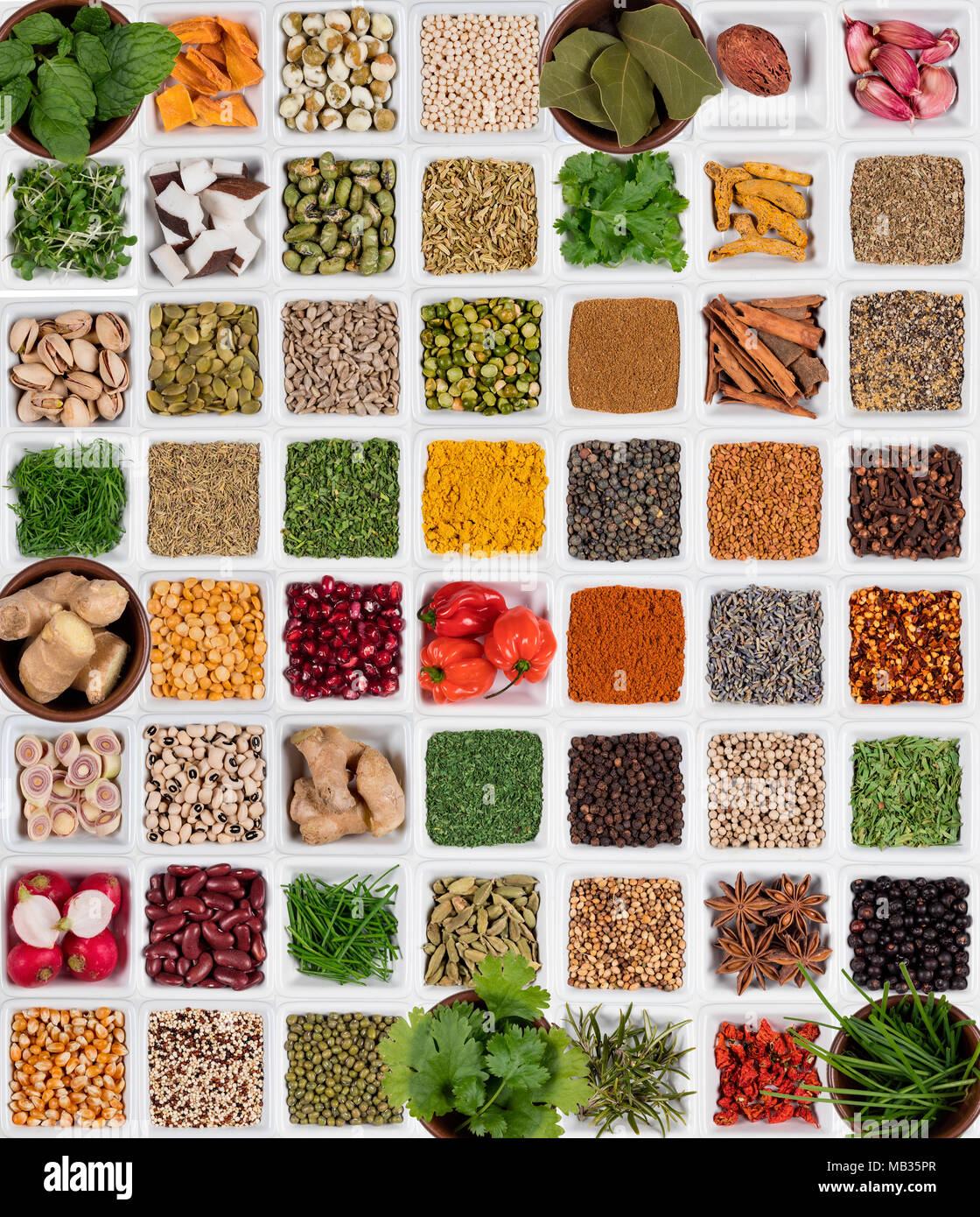 Selection of Herbs and Spices used to add flavor and seasoning to