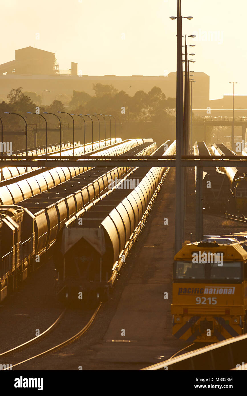 coal trains parked in newcastle awaiting unloading and shipment of the coal around the world Stock Photo