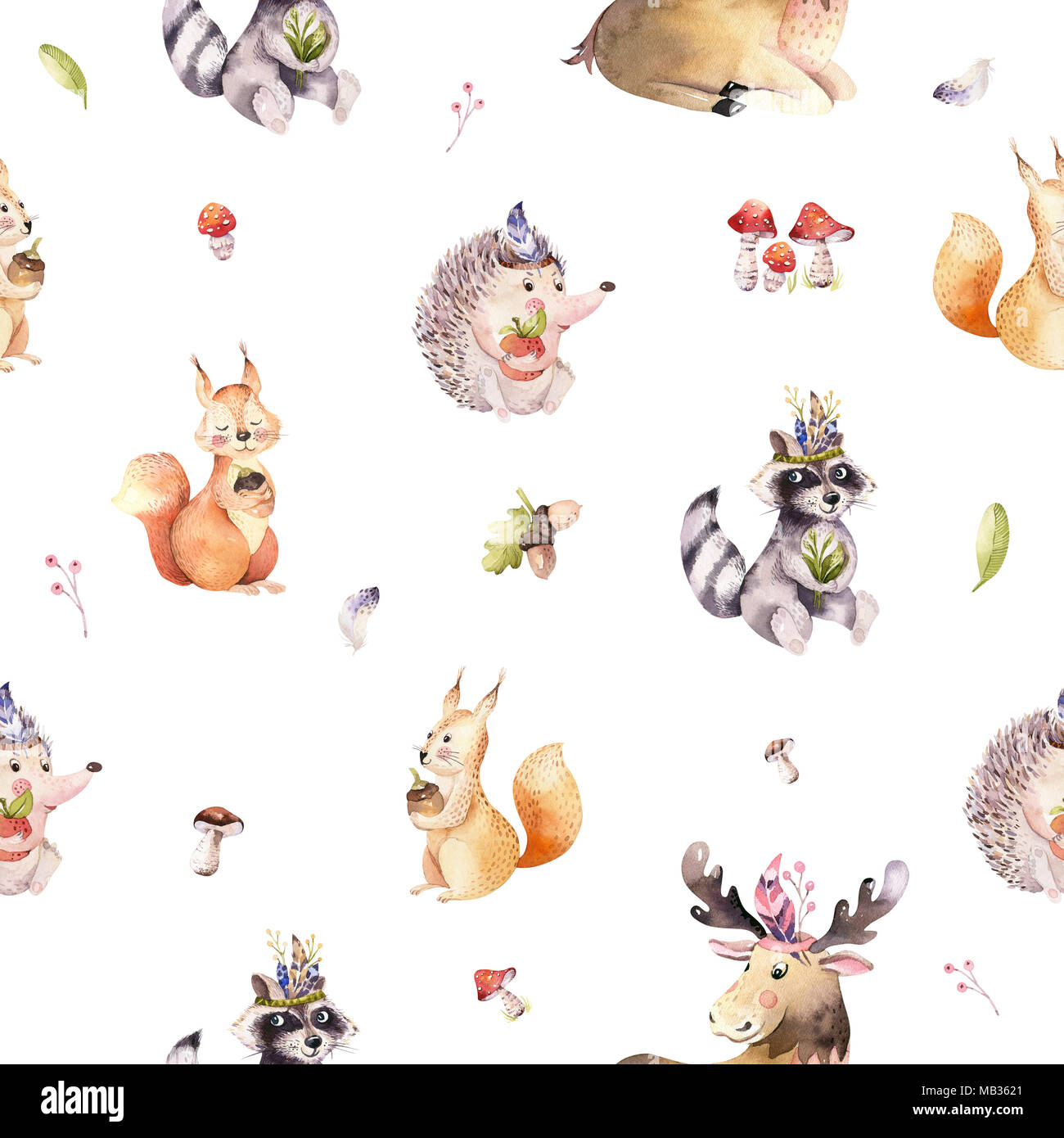 Watercolor Seamless Pattern Of Cute Baby Cartoon Hedgehog Squirrel And Moose Animal For Nursary Woodland Forest Illustration For Children Forest De Stock Photo Alamy