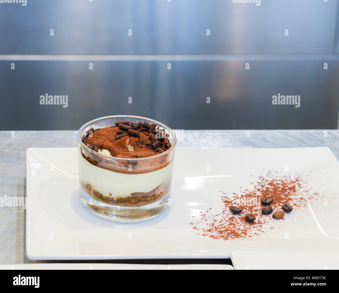 Tiramisu, traditional Italian dessert in a glass. Stock Photo