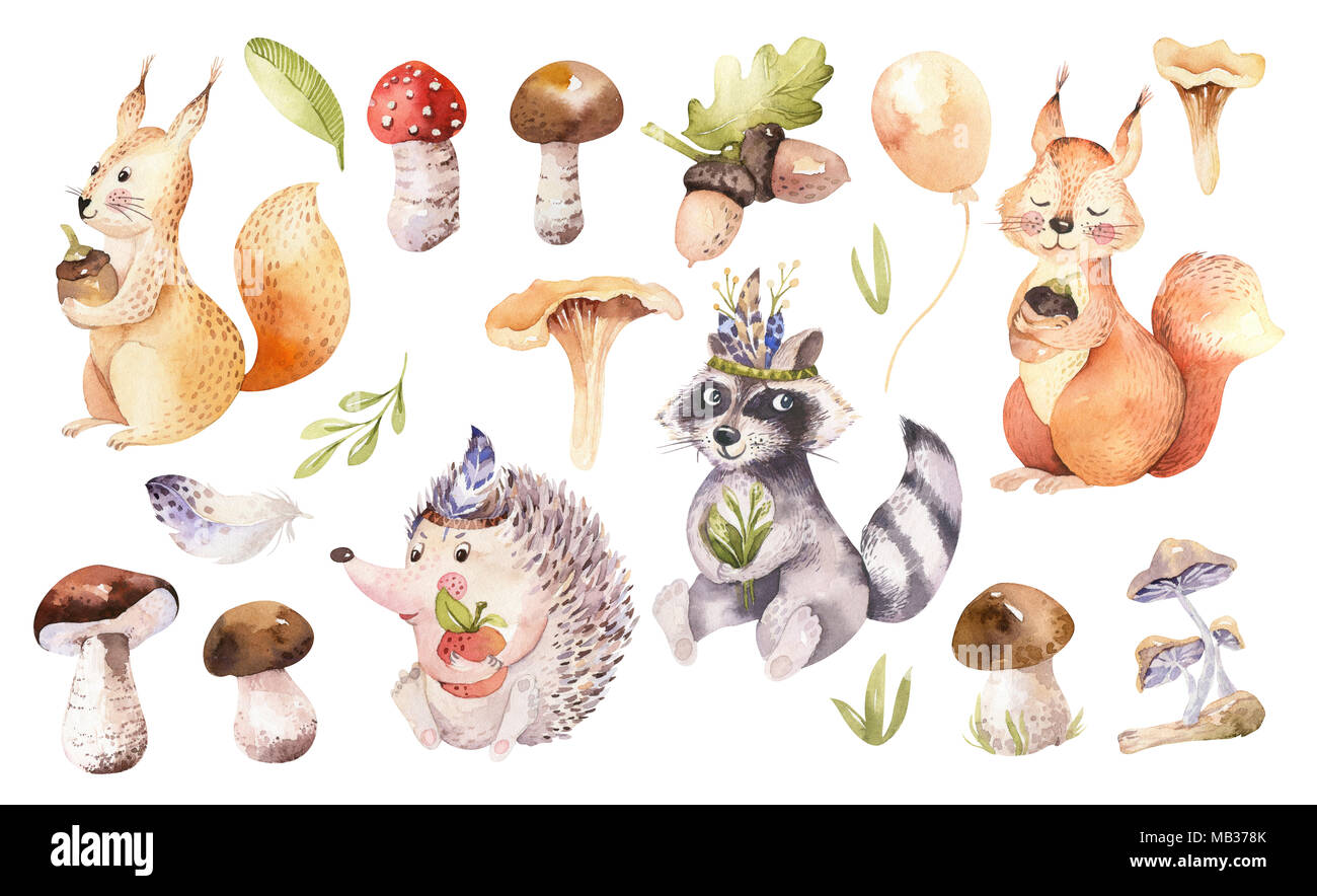 Cute watercolor bohemian baby cartoon rabbit and bear animal for ...