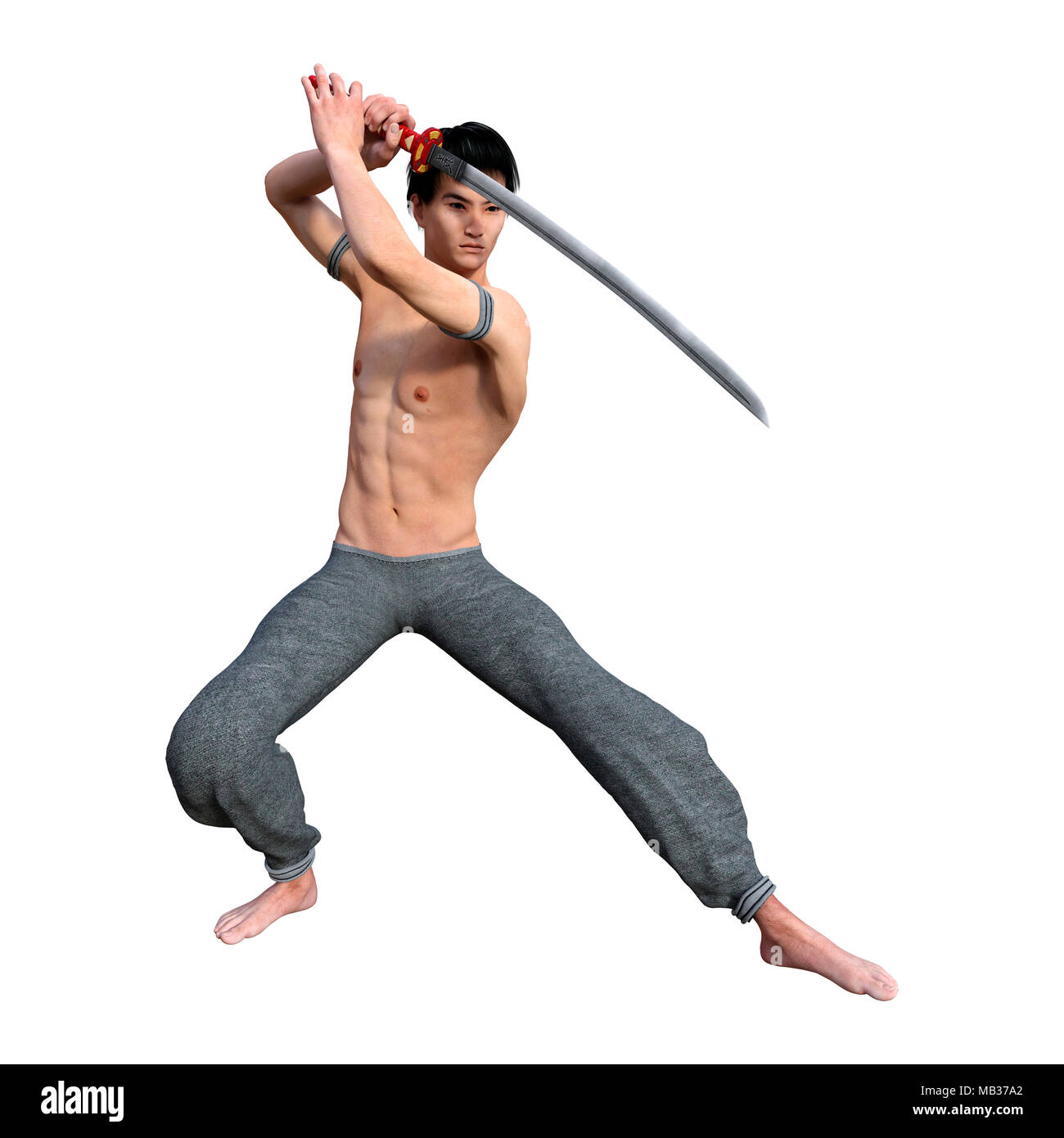3D rendering of a fighting monk holding a sword isolated on white ...