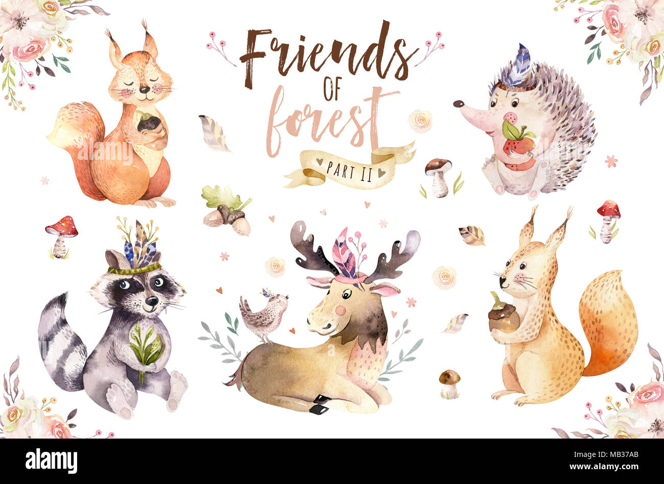 Cute watercolor bohemian baby cartoon rabbit and bear animal for ...