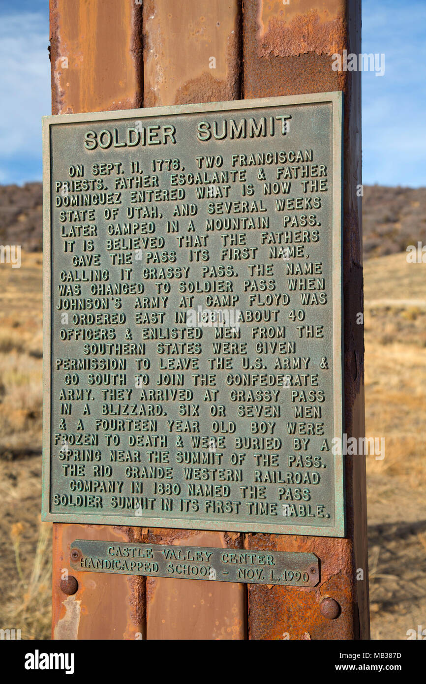 Soldier Summit historic plaque, Wasatch County, Utah Stock Photo