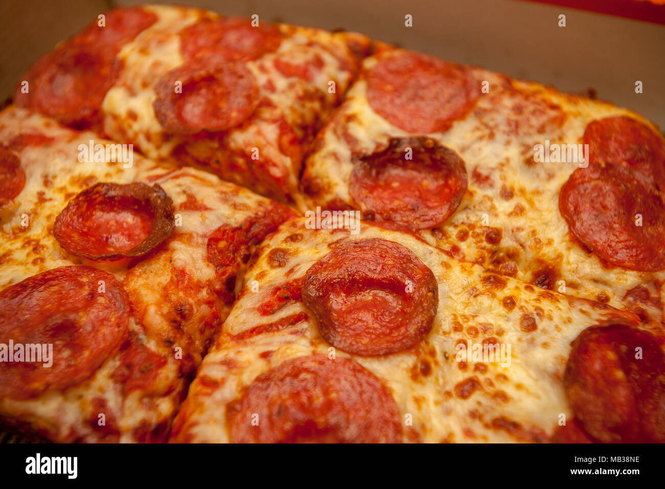 Pepperoni slices of Detroit style deep dish pizza, part of the Lunch