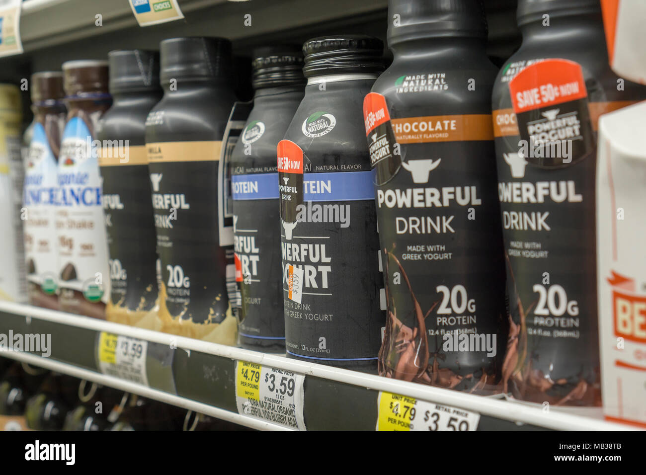 Multiple brands of protein shakes in a supermarket cooler in New York on Tuesday, April 3, 2018. (Â© Richard B. Levine) Stock Photo