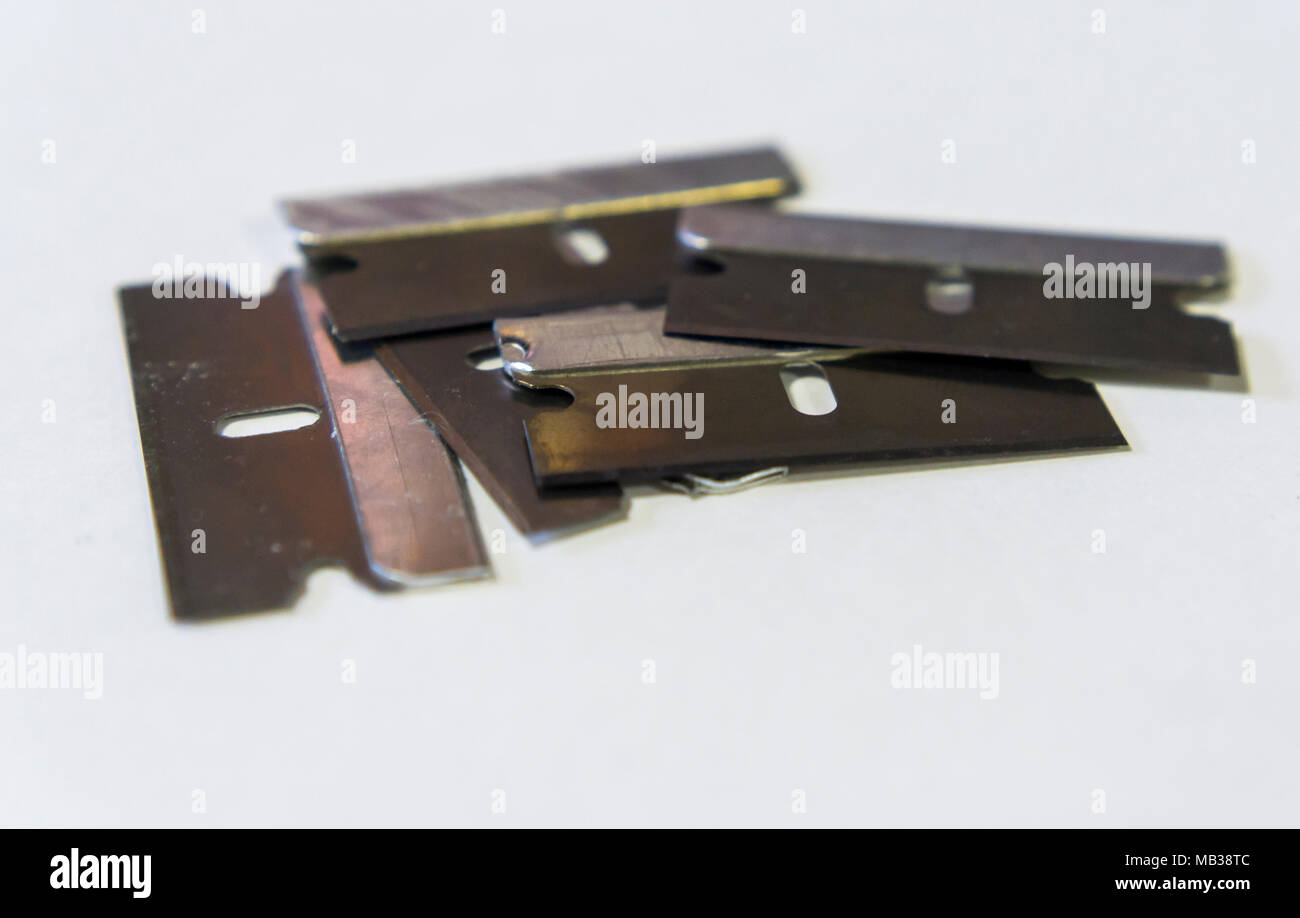 Chinese made stainless steel single-edged razor blades on Wednesday, April 4, 2018. Retailers in the U.S. are warning that tariffs imposed by the Trump administration on Chinese imports will raise prices. (Â© Richard B. Levine) Stock Photo