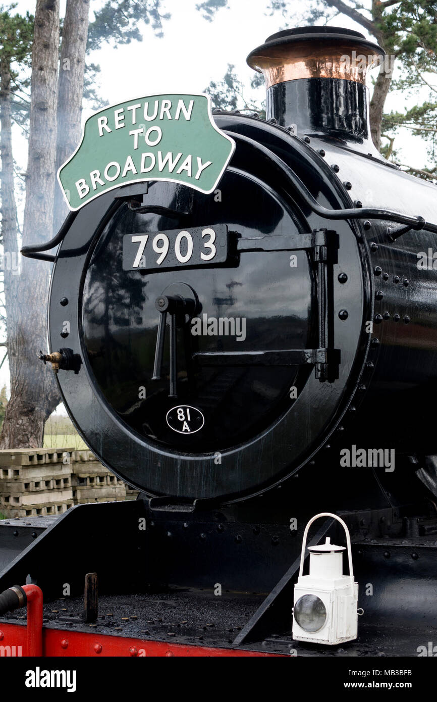 GWR Hall Class 'Foremarke Hall' steam locomotive at Broadway station, Gloucestershire and Warwickshire Steam Railway, UK Stock Photo