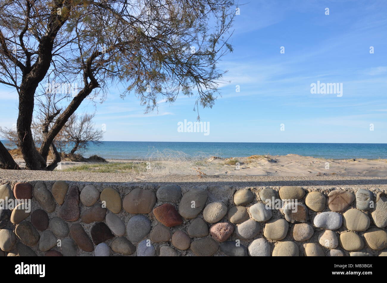 Spiaggia e mare all'orizzonte, cornice con albero e muretto decorato con sassi, Sicily, Italy Stock Photo