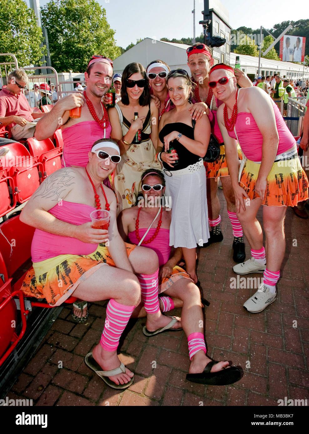 Cricket fans at the 2008 Twenty20 finals day dress up in fancy dress  creating a party atmosphere at the rose bowl Hampshire. Stock Photo