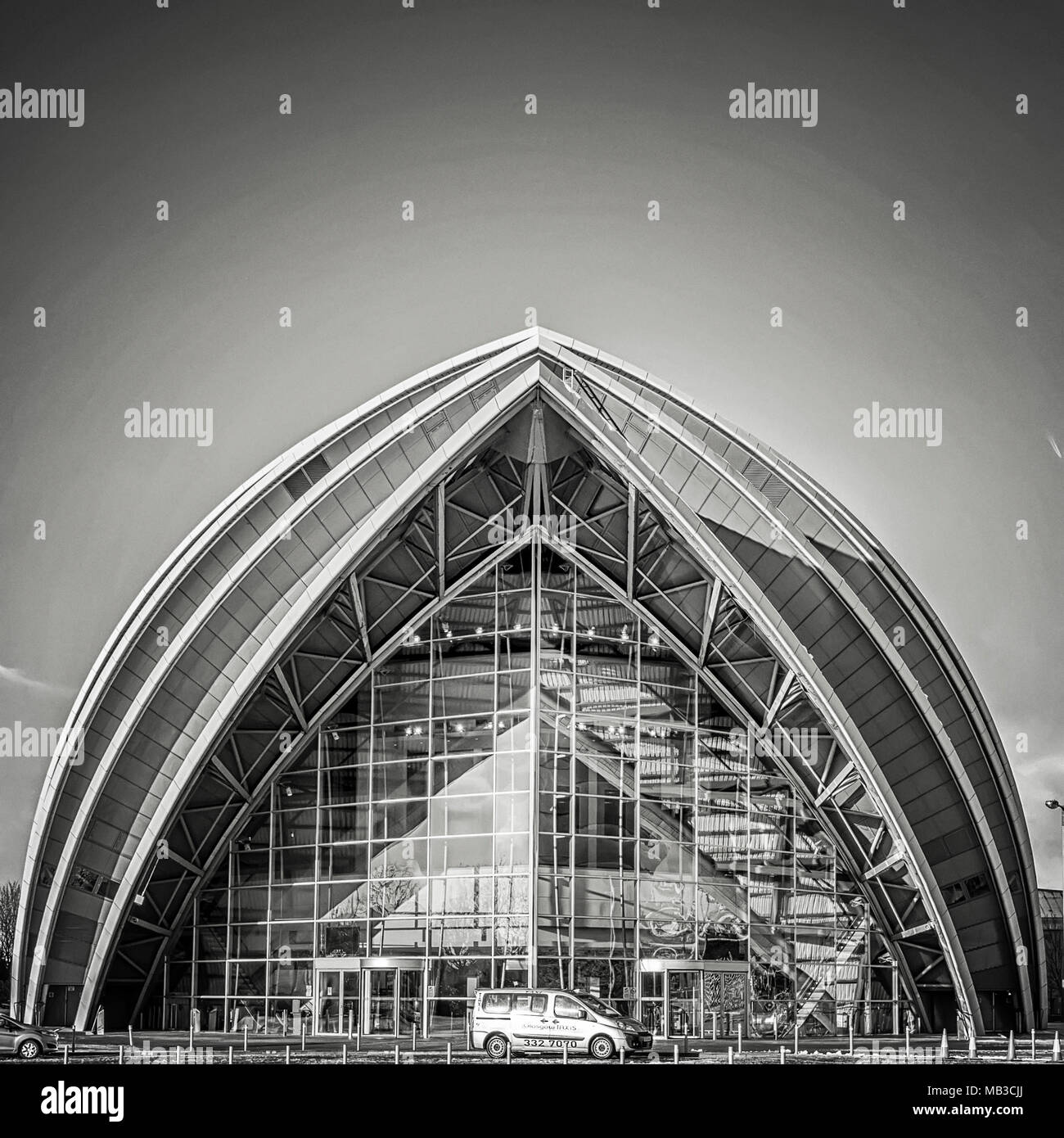 GLASGOW, SCOTLAND - JANUARY 17, 2018: A monochromatic view of the armadillo auditorium in Glasgow near to the river clyde. Stock Photo