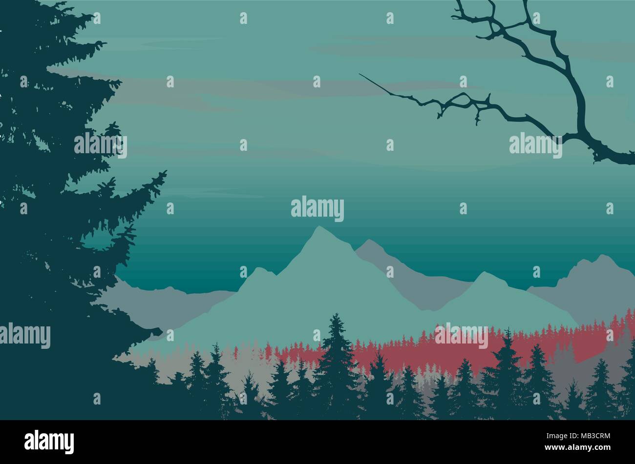 Coniferous forest in mountain landscape under night sky - vector Stock ...