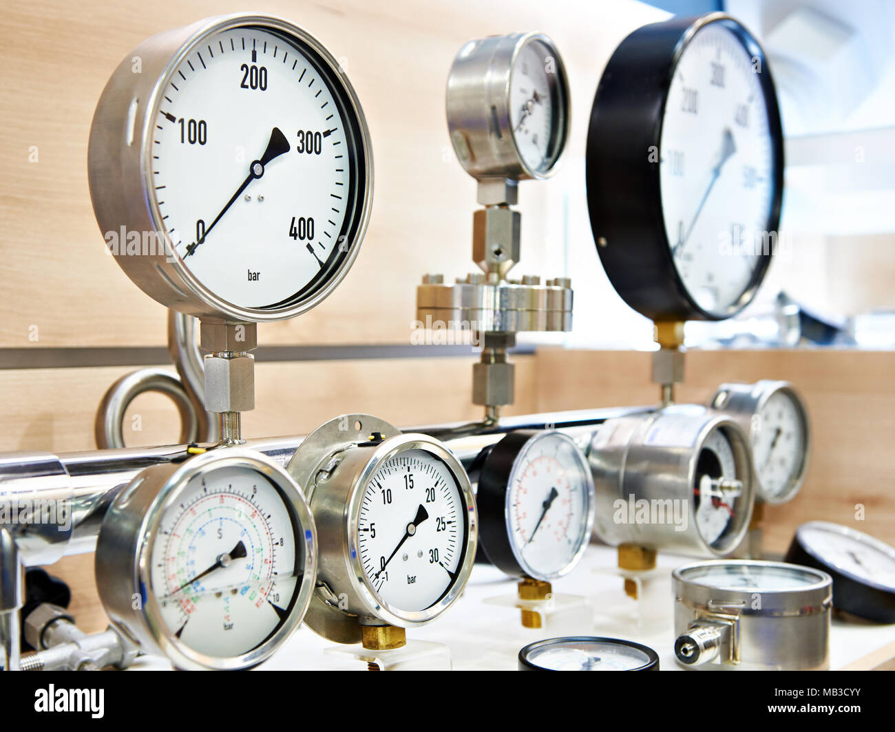 Industrial installation with manometers Stock Photo