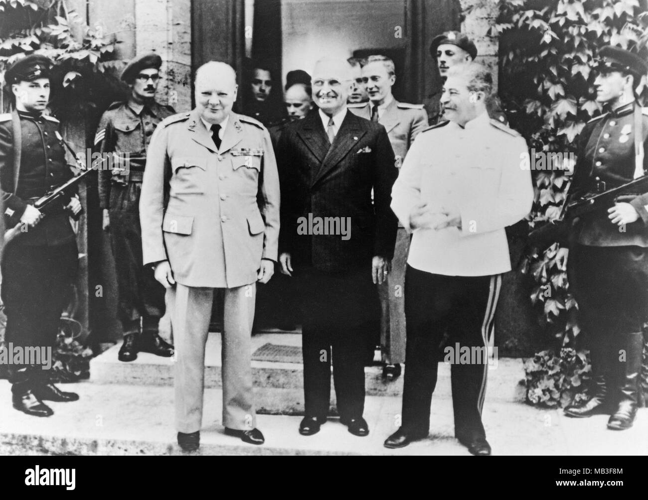 Winston Churchill, President Harry S. truman, and Joseph Stalin, at the Potsdam Conference of 1945.The Potsdam Conference was held at Cecilienhof, the home of Crown Prince Wilhelm, in Potsdam, occupied Germany, from 17 July to 2 August 1945. In some older documents it is also referred to as the Berlin Conference of the Three Heads of Government of the USSR, USA and UK. The participants were the Soviet Union, the United Kingdom, and the United States, represented by Communist Party General Secretary Joseph Stalin, Prime Minister Winston Churchill and, US President Harry S. Truman. Stock Photo