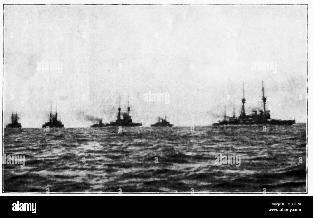 A newspaper photograph of the 'Grand Fleet'  British naval fleet in action in 1914 Stock Photo