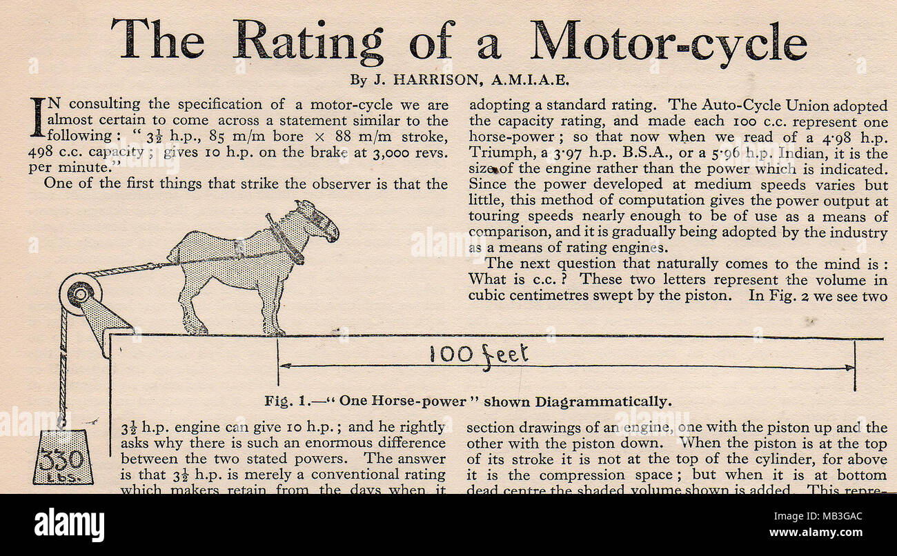 An article from the Boys own annual 1932-33  (UK)  explaining the concept of horse power in motorcycles Stock Photo