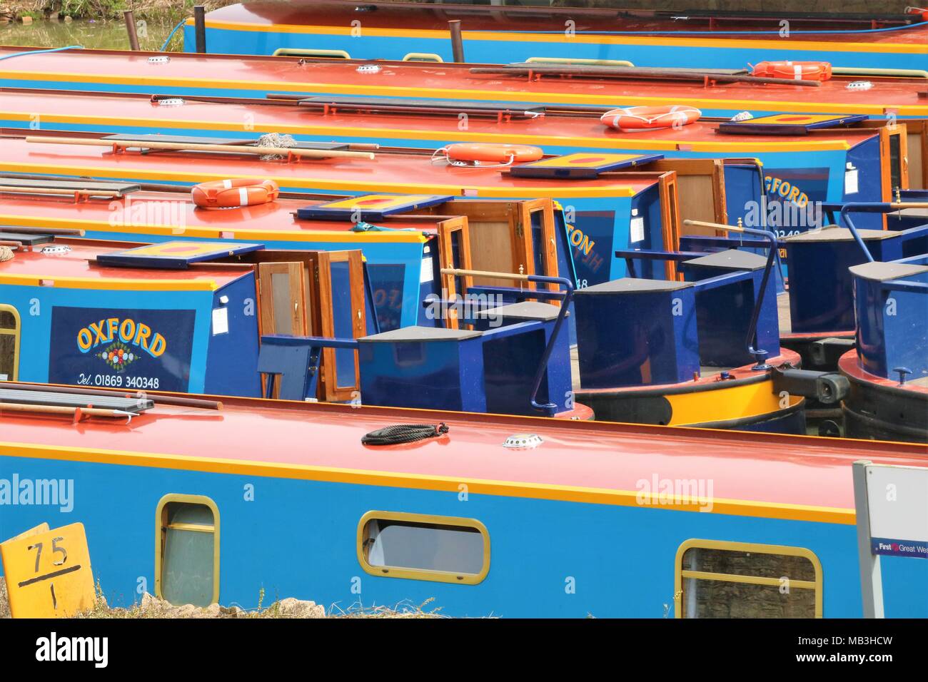 Barge / Canal boats at Heyford Wharf, Heyford, Oxfordshire, UK Stock Photo