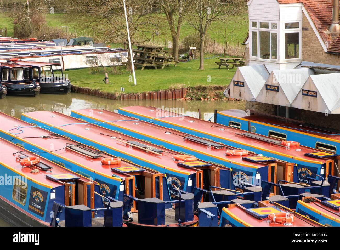 Barge / Canal boats at Heyford Wharf, Heyford, Oxfordshire, UK Stock Photo
