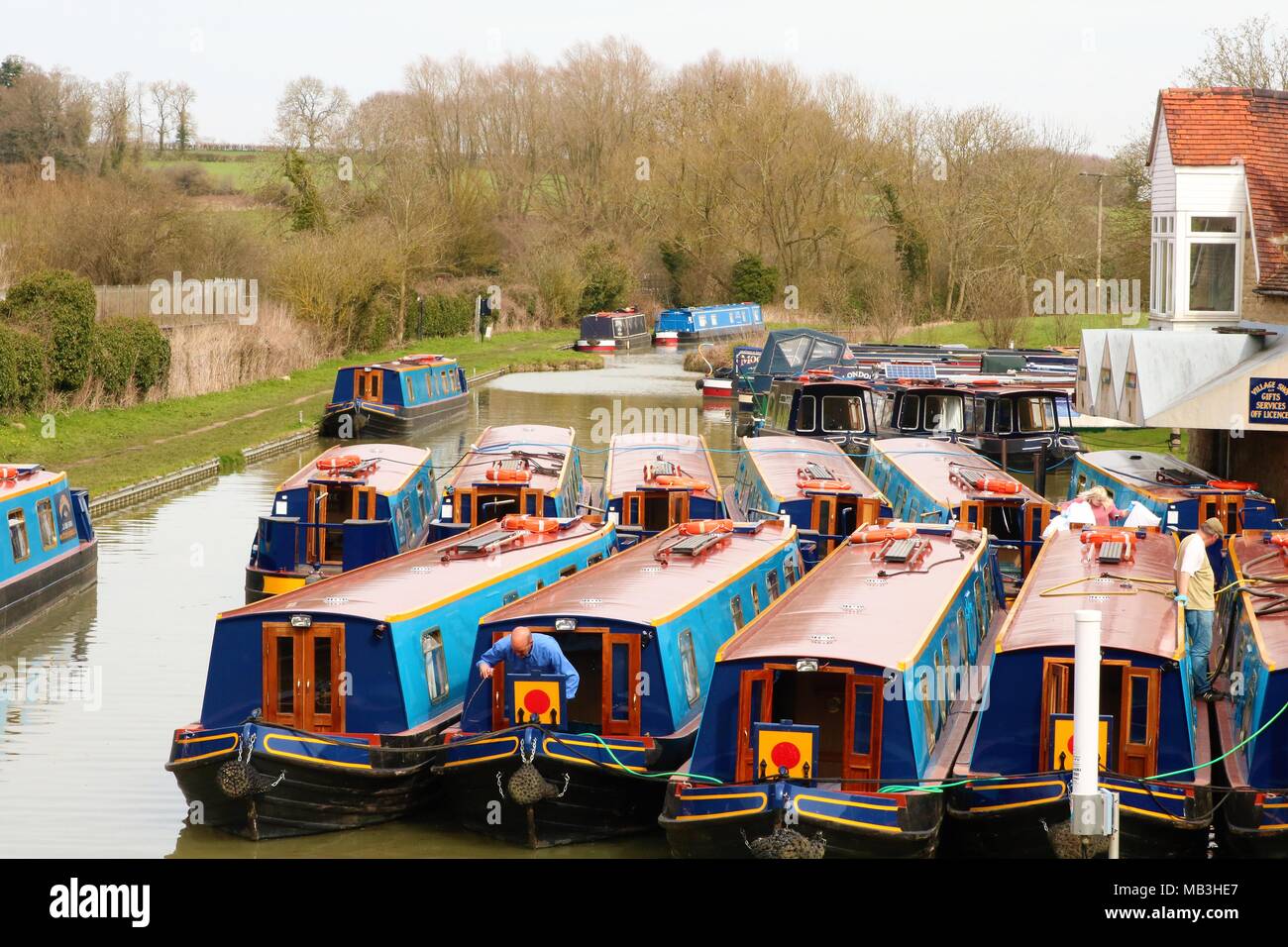 Barge / Canal boats at Heyford Wharf, Heyford, Oxfordshire, UK Stock Photo