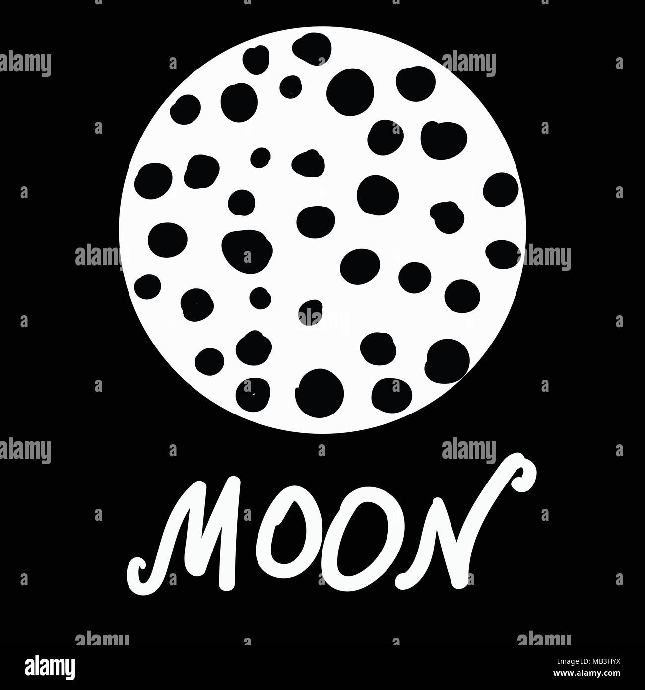 Stylized moon with craters vector and lettering on black Stock Vector