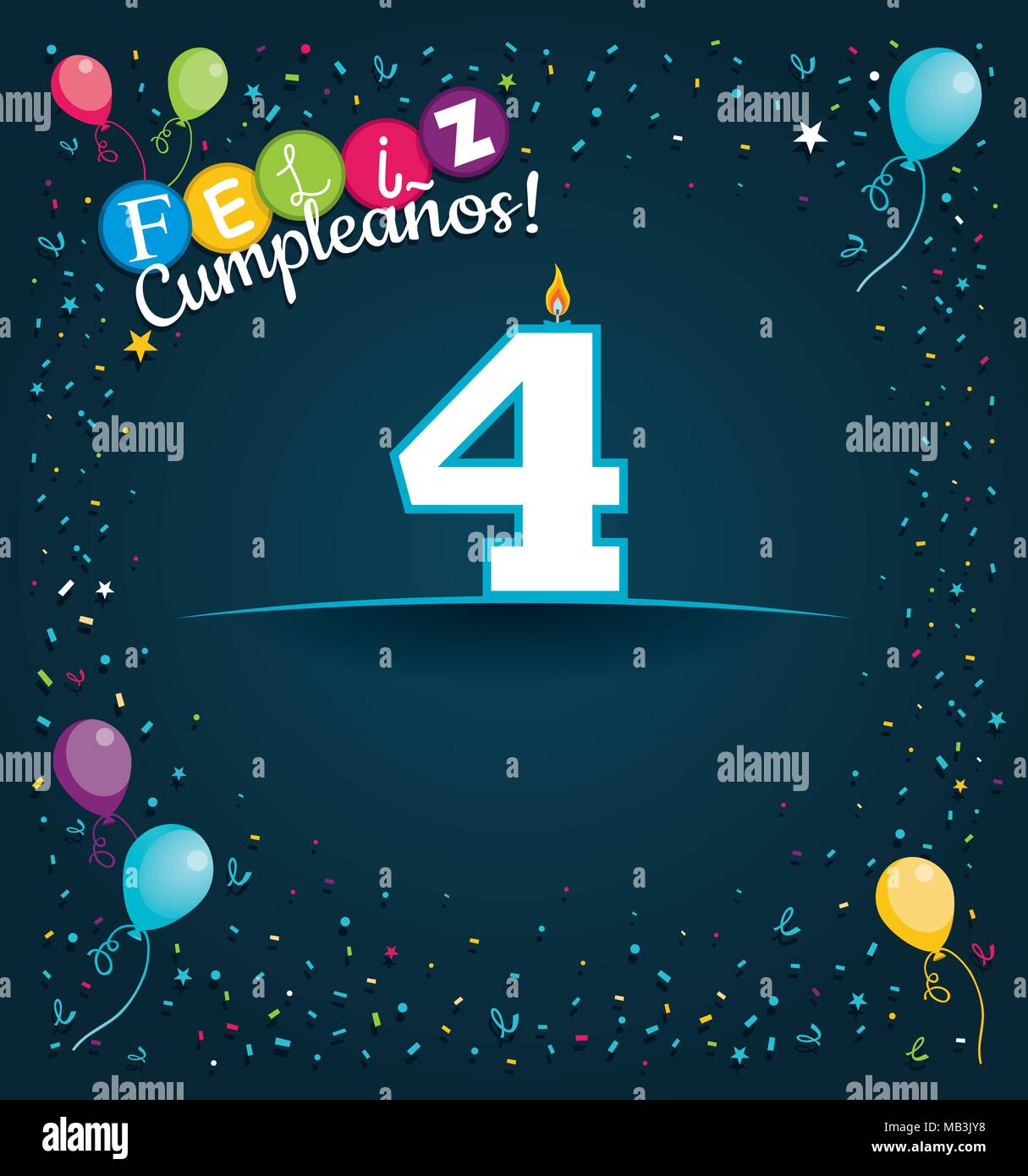 Happy Birthday 4 in Spanish language - Greeting card with white candles in the form of number with background of balloons and confetti Stock Vector