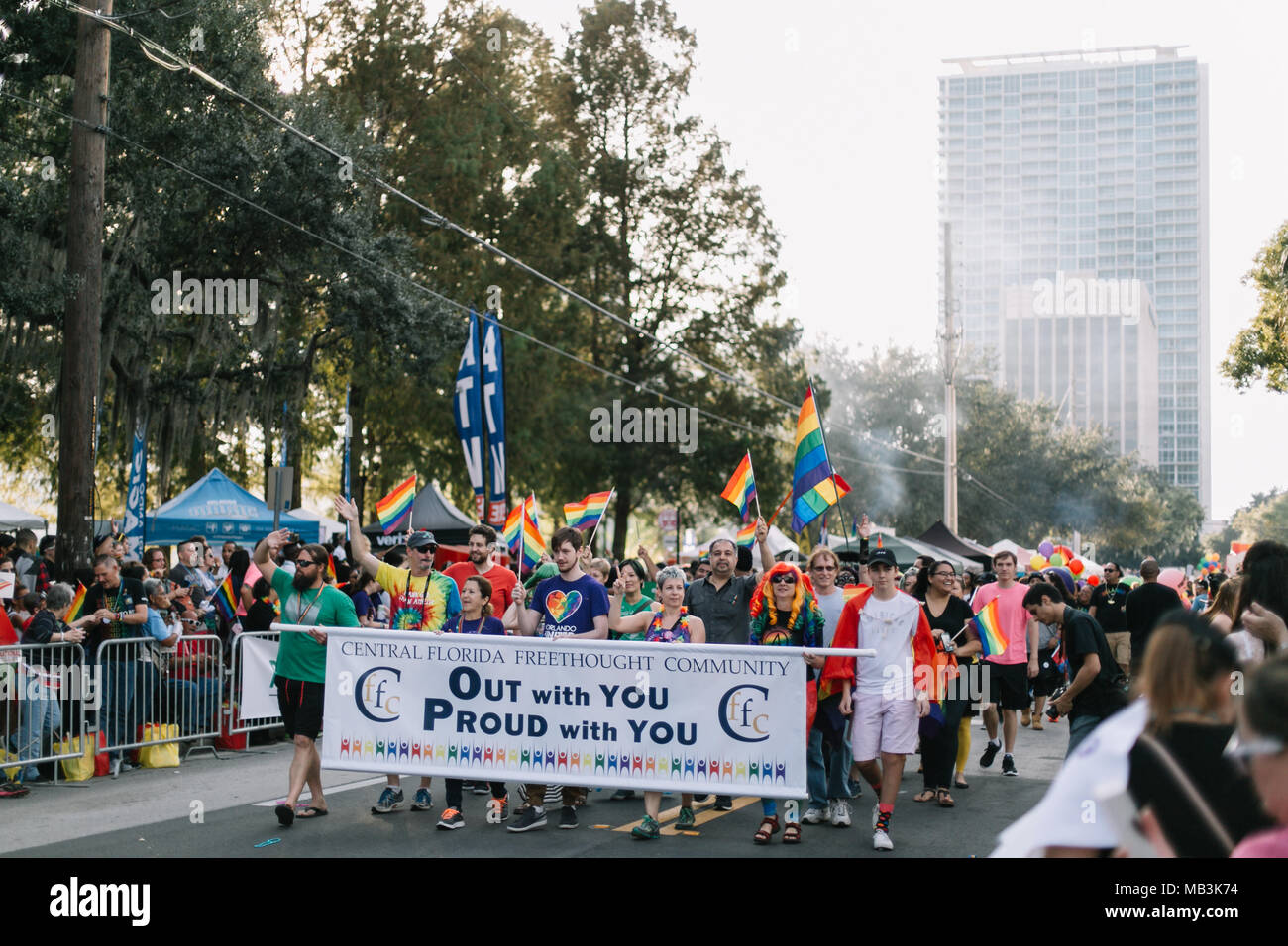 Central Florida Freethought Community (FFC) marches in Orlando Pride Parade (2016). Stock Photo