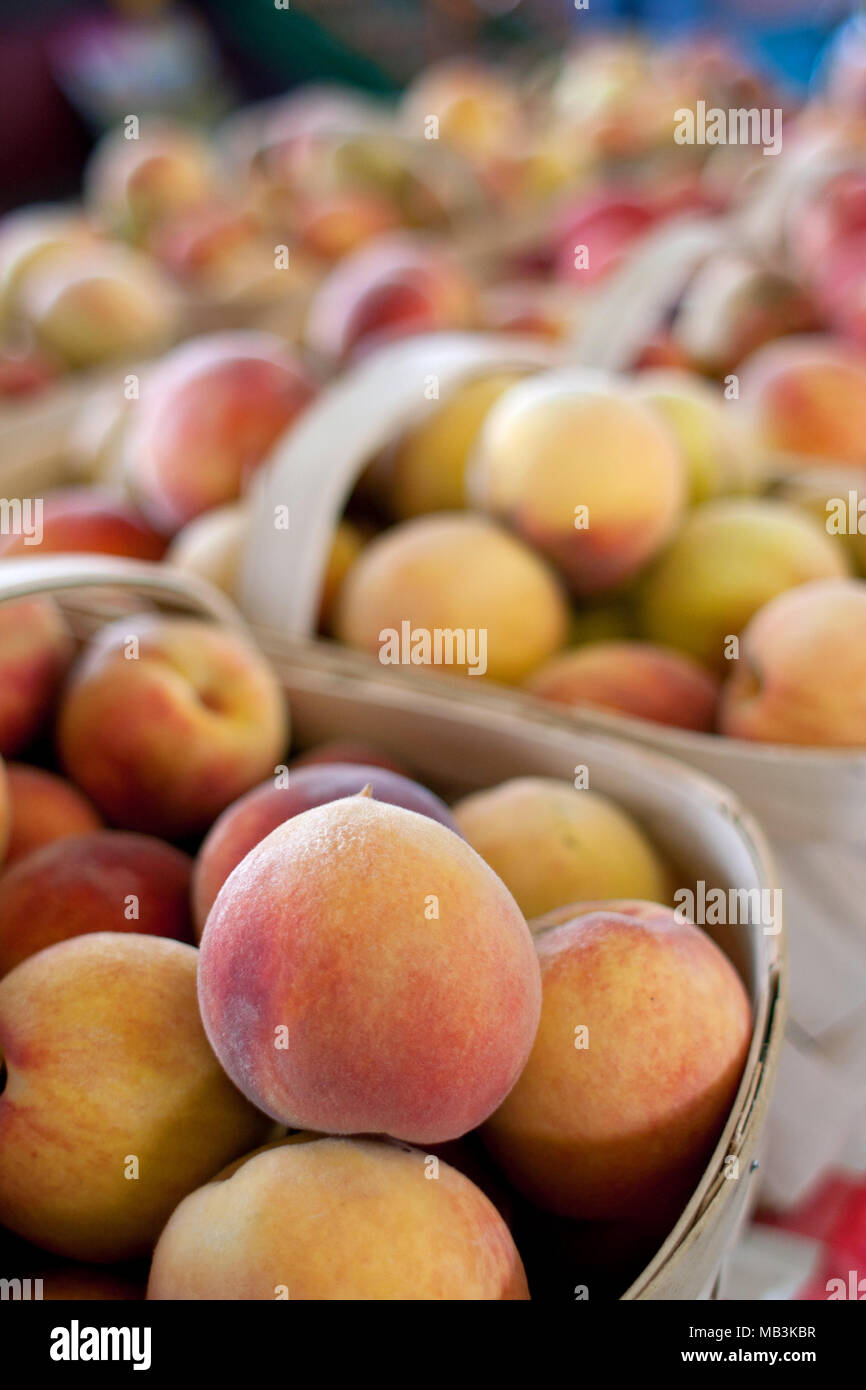 Baskets of peaches for sale at farmers market Stock Photo Alamy
