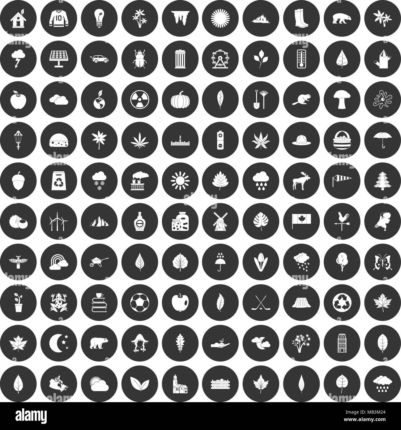 100 leaf icons set black circle Stock Vector