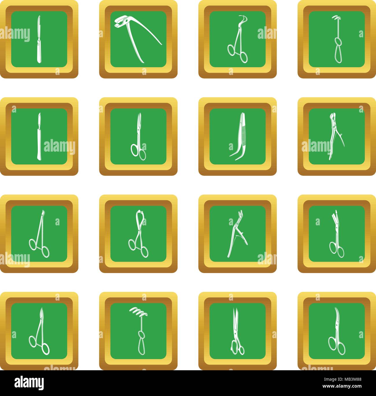 Surgeons tools icons set green square vector Stock Vector