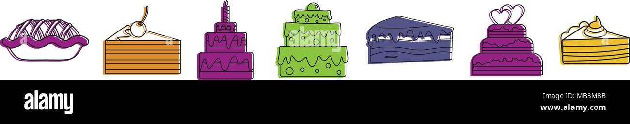 Cake icon set, color outline style Stock Vector