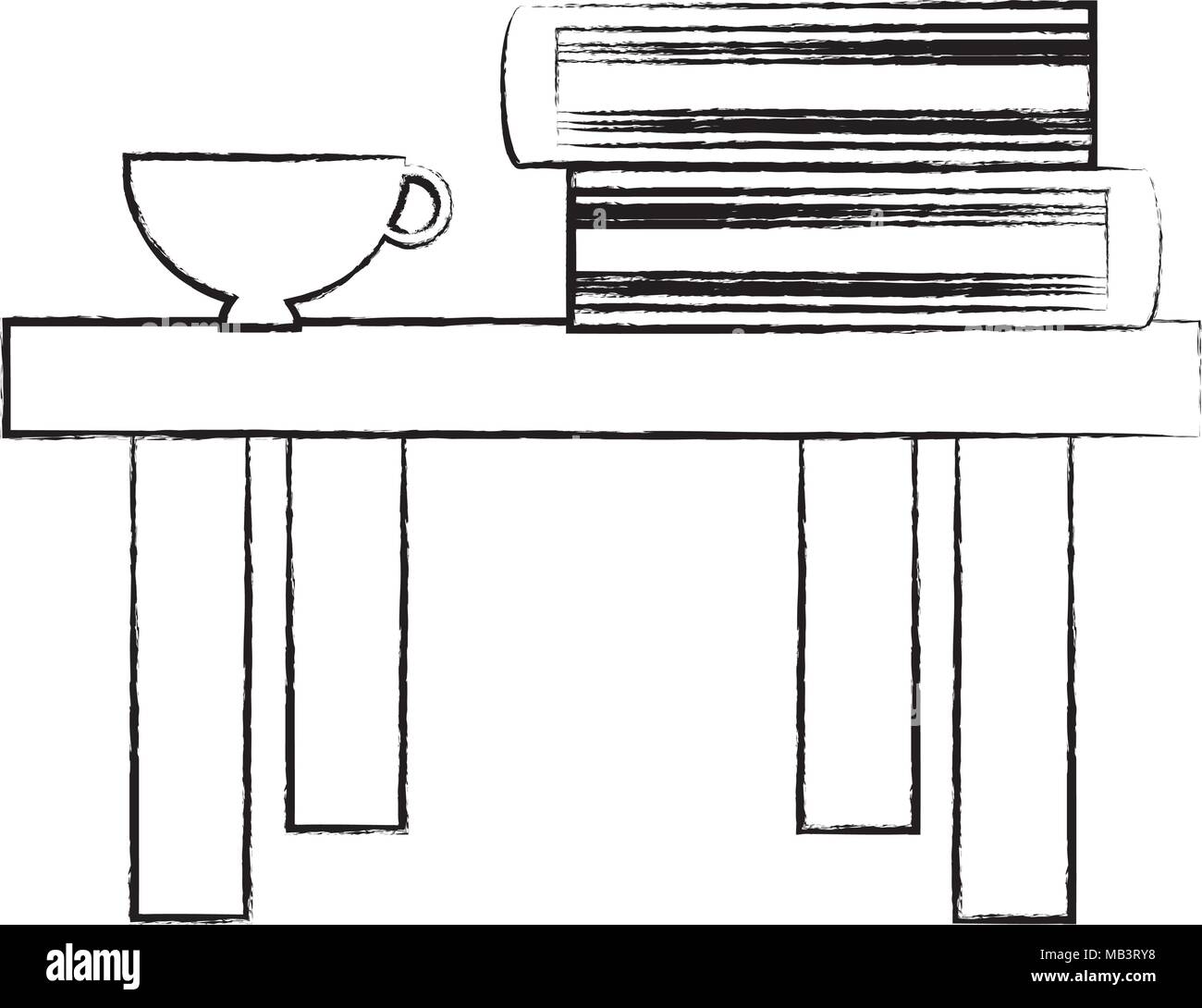 sketch of table with books and coffee mug over white background 