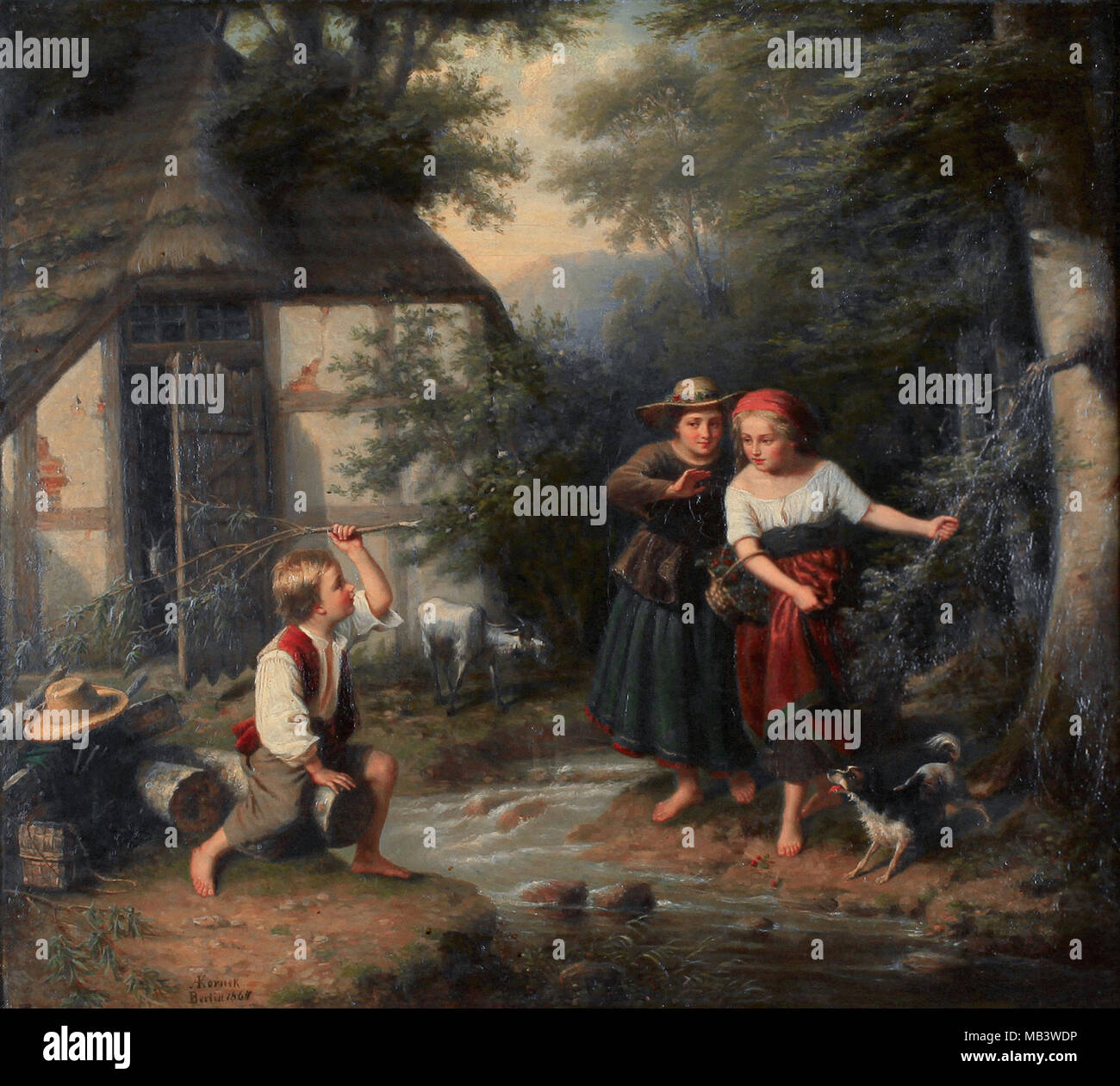 Korneck Friedrich Rudolf Albert Children Playing by a Creek Stock