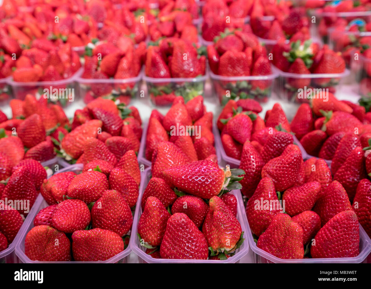 Strawberries in plastic boxes on market stall Stock Photo Alamy